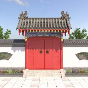 中式庭院门3D模型下载